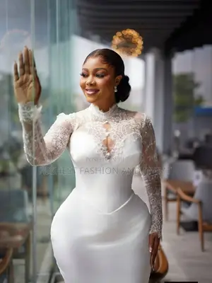 Classy White High-Neck Reception Dress With Pearls