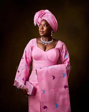 Premium Pink Aso-Oke Corset Gown + Gele Set