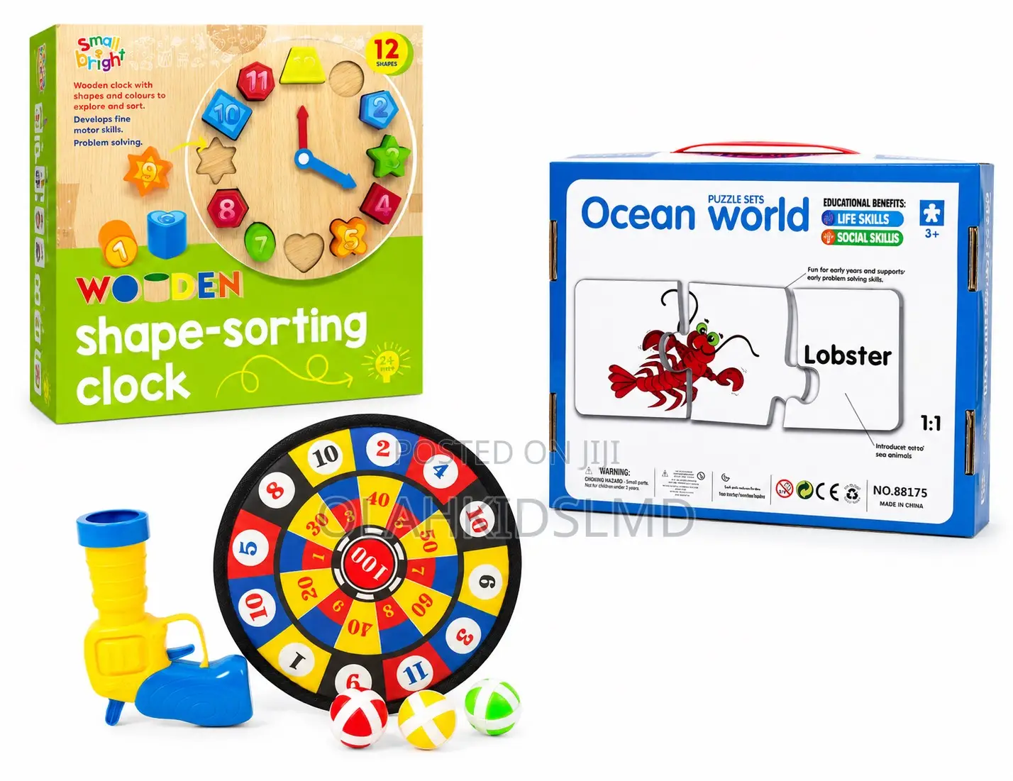 Wooden Shape Sorting Clock +Ocean World Puzzle + Ball Target Shooti