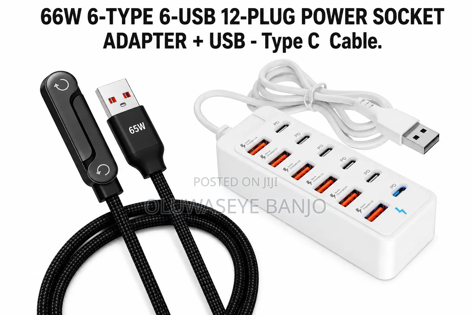 66w 6-Type 6-Usb 12-Plug Power Socket Adapter + Usb - Type C Cable