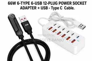 66w 6-Type 6-Usb 12-Plug Power Socket Adapter + Usb - Type C Cable