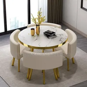 Luxury 4-Seater Round Dining Set – Marble Table Gold Metal Legs