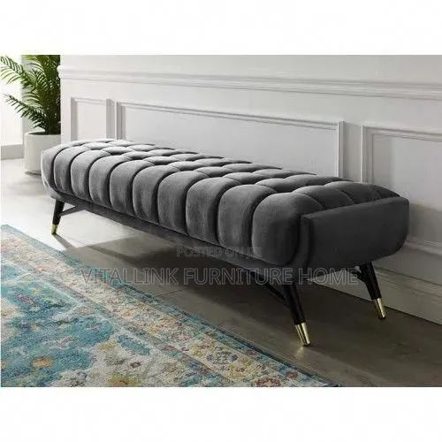 Premium Dark Grey Velvet Upholstered Bench With Gold Tip Legs