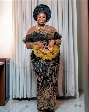 Luxury Black and Gold Heavily Beaded Corset Column Gown With Gele