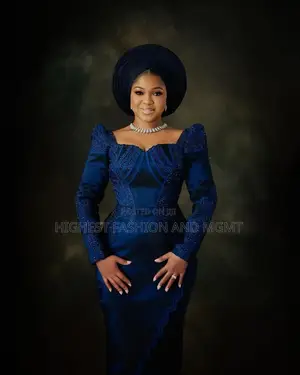 Luxury Tonal-Beaded Midnight Blue Silk-Aso Oke Traditional Dress