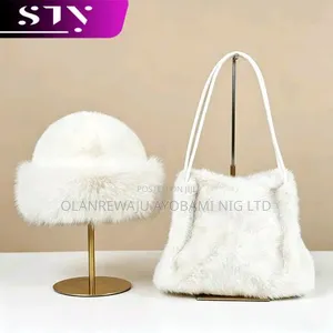 Sty 2in 1ladies Faux Mink Fur Purse + Hat Set Small Handbag Fluffy Hat