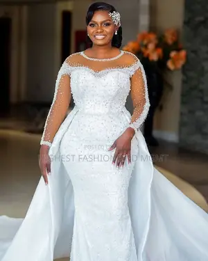 Pearl Crystal-Encrusted Mermaid Wedding Gown With Satin Overskirt