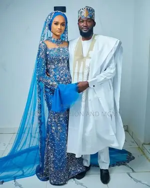 Electric Blue Embellished Bridal Dress With Matching Headwrap Set