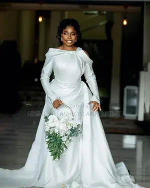 Premium Pearl-Cuff Cold-Shoulder Silk Bridal Gown