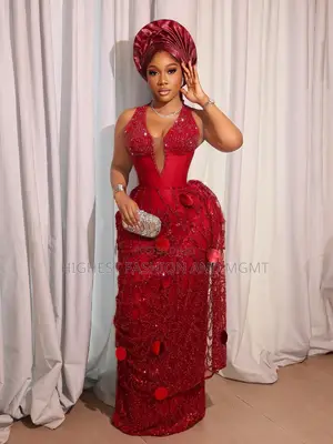Encrusted Red Lace Snatched Gown With Matching Structured Gele