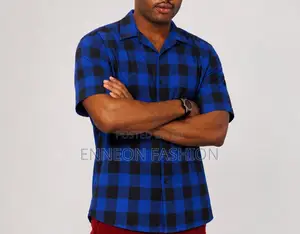 Blue Black Buffalo Plaid Short Sleeve Button-Up Shirt