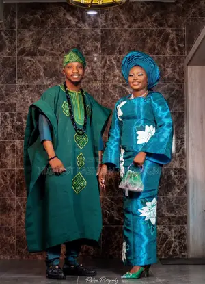 Premium Teal Leaf-Applique Aso-Oke Gown