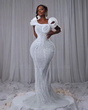 Premium White Structured-Neck Luxury Fully Crystal-Beaded Gown