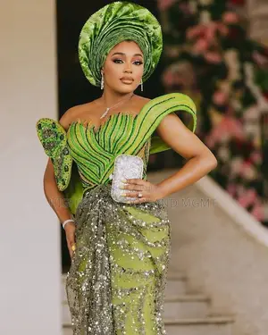 Avant-Garde Lime Green Butterfly-Sleeve Corset Gown With Sequin Drape