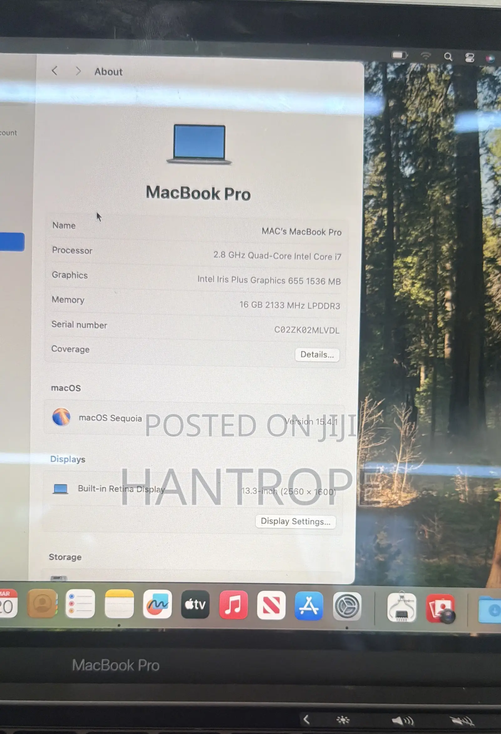 Laptop Apple MacBook Pro 2019 16GB Intel Core i7 SSD 256GB
