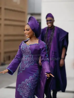 Purple Structured Engagement Gown With Detailed Lace Gele Set