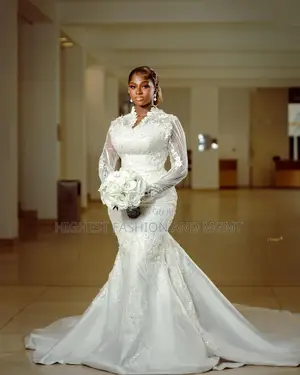 High-Neck Floral Appliqué Bridal Mermaid Dress With Flared Train