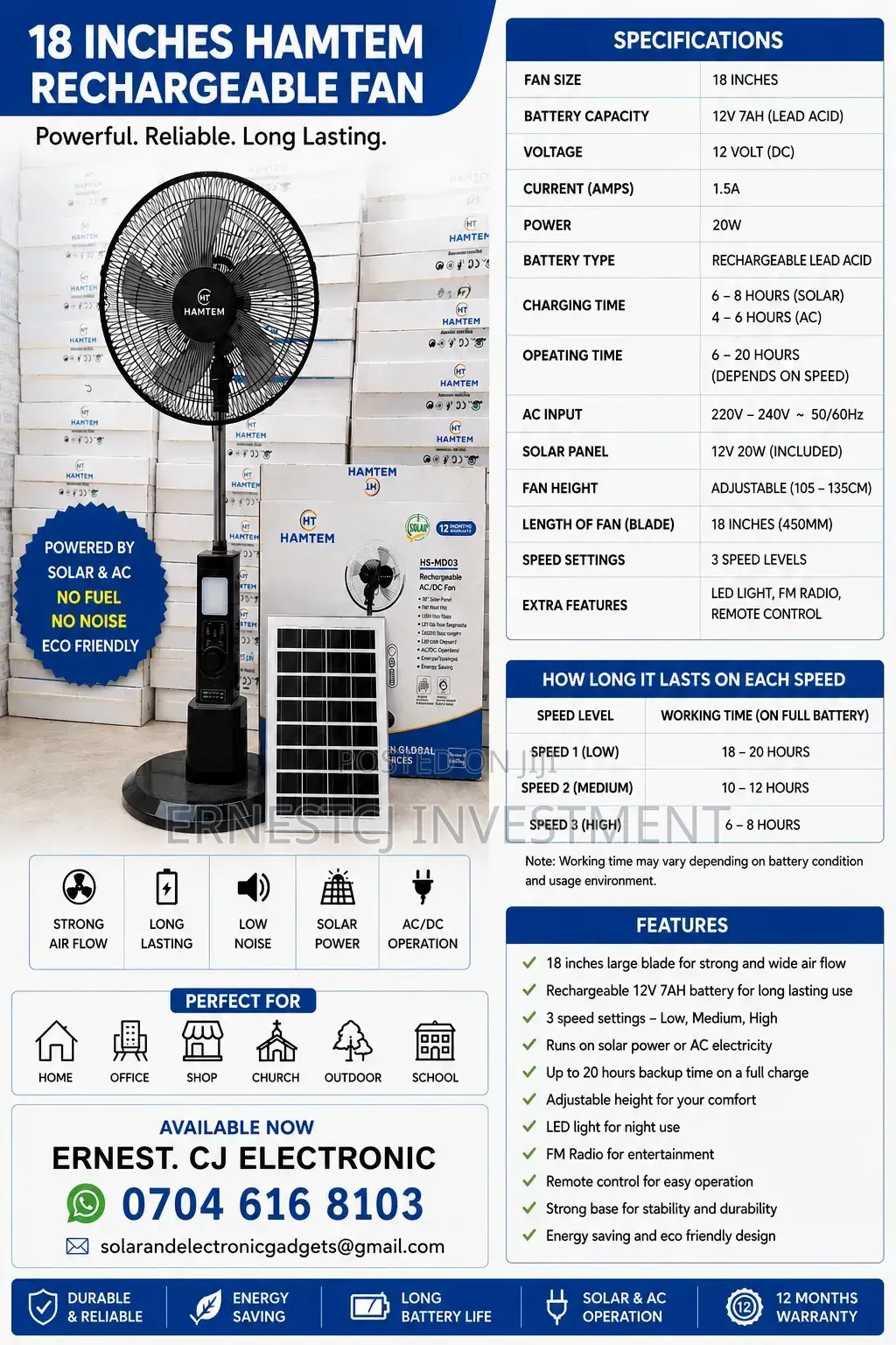 18inches Rechargeable Standing Fan