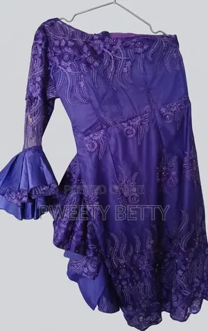 Pre Loved Royal Purple Lace Gown- Off Shoulder Ruffle Sleeve Size 12