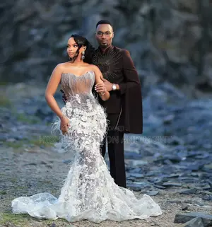 Strapless Illusion Beaded Gown With 3d Florals and Feather Train
