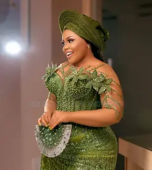 Premium Olive Green Pearl-Encrusted Corset Gown With Floral Appliqués