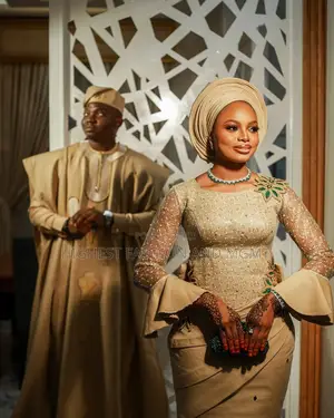 Luxury Bell-Sleeve Beaded Blouse With Champagne Wrapper Gele