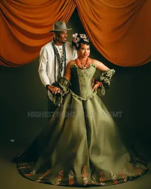 Luxury Olive Damask Bridal Ballgown With Ruffled Corset