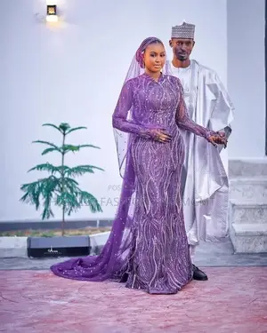 Arewa Wavy Silver-Beaded Purple Bridal Gown With Crystal Veil