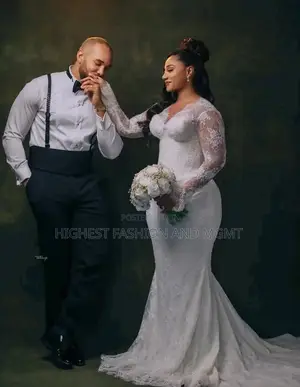 V-Neck Corded Lace Mermaid Wedding Dress With Cathedral Train