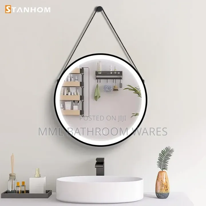 Black Frame Round Led Mirrors With Black Hanging Kits