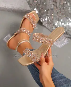 Size 43 Gold Rhinestone Open Toe Thick Heel Slides Sandals