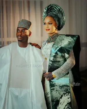 Heavily Beaded Sage Green Lace Gown With Fringed Ipele