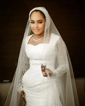 Premium Long-Sleeve Pearl Embellished Mermaid Gown With Hijab Veil
