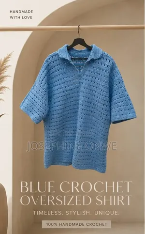 Handmade Crochet Oversized Polo Shirt – Unisex | Sky Blue