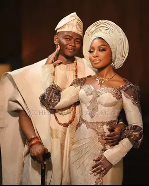 Luxury Corset Champagne Aso-Oke Bridal Gown With Bronze Cutout Accents