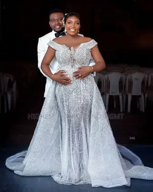 Luxury Silver Crystal Beaded Gown With Train - Style 654