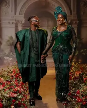 Premium Deep Green Heavy Lace Bridal Dress With Avant-Garde Gele