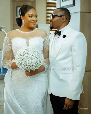Luxury Pearl-Encrusted Illusion Wedding Gown