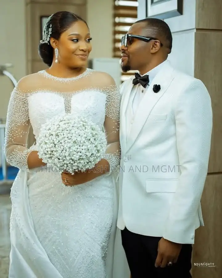 Luxury Pearl-Encrusted Illusion Wedding Gown