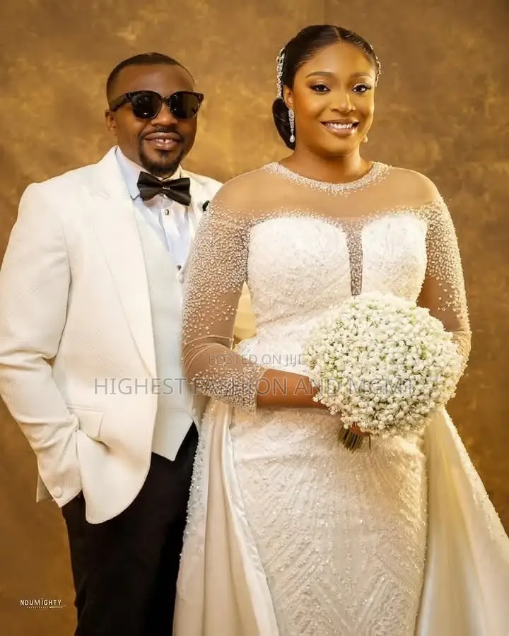Luxury Pearl-Encrusted Illusion Wedding Gown