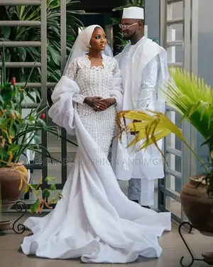 Premium Ice-Blue Crystal-Beaded Lace Gown Pristine White Agbada Set