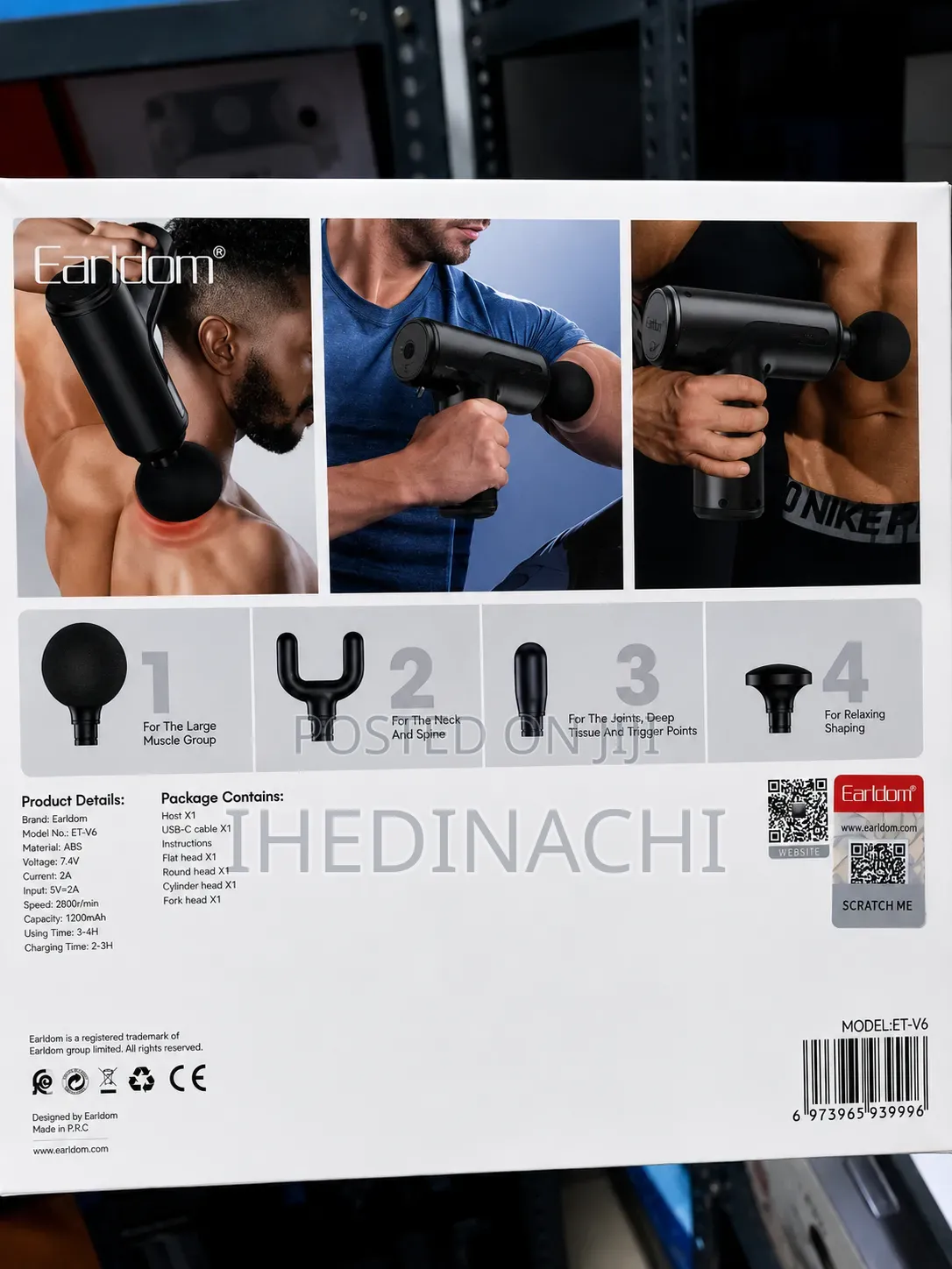 Earldom V6 Rechargeable Deep Tissue Massage Gun 4 Heads