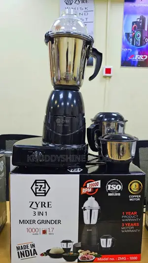 Zyre ZMG-1000 3-in-1 Mixer Grinder Featuring a Black Base and Stainles