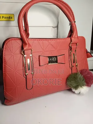 Women's Elegant Red Pu Leather Handbag With Pom Pom Charm