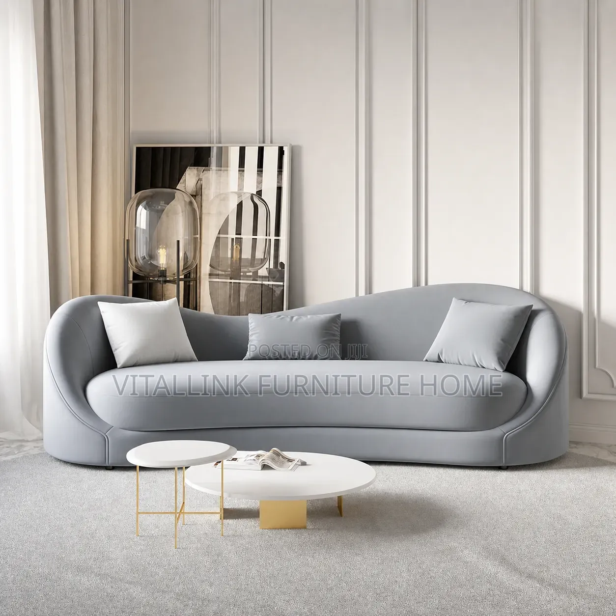 Premium Grey Sofa With Elegant Curved Backrest