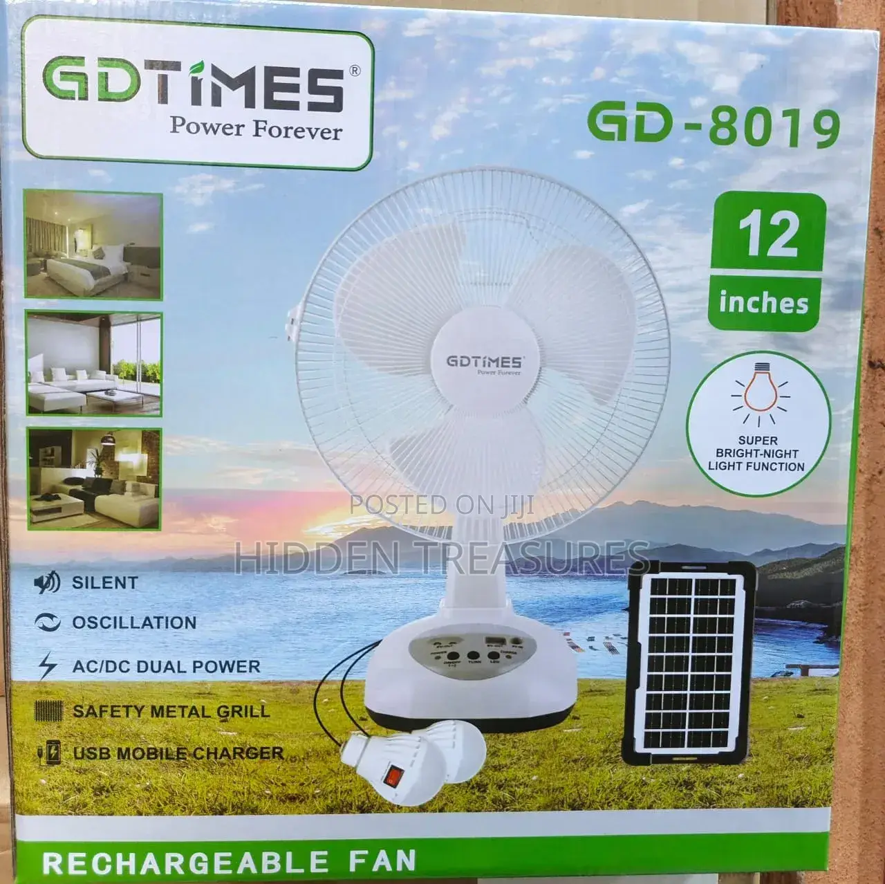 Solar Rechargeable Fan With Two Bulbs