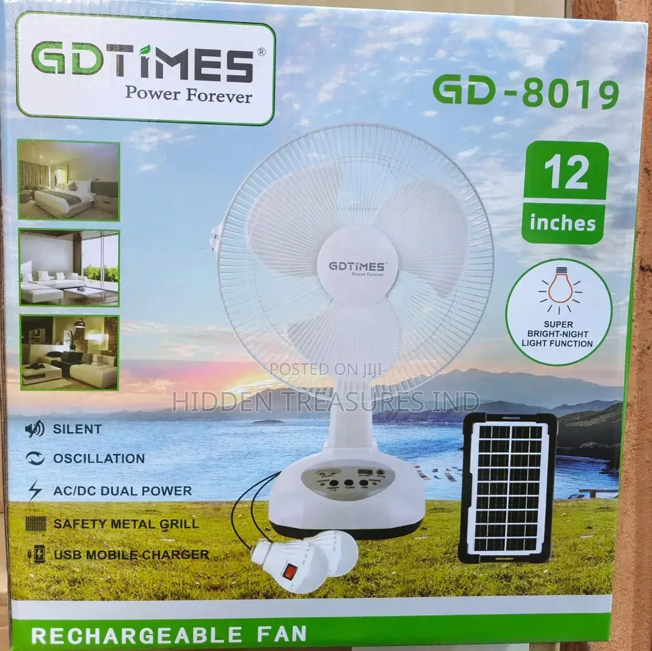 Solar Rechargeable Fan With Two Bulbs