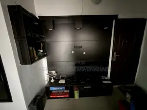 Brown Colored HDF Tv Console Setup and Mini Bar Shelf