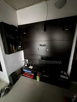 Brown Colored HDF Tv Console Setup and Mini Bar Shelf