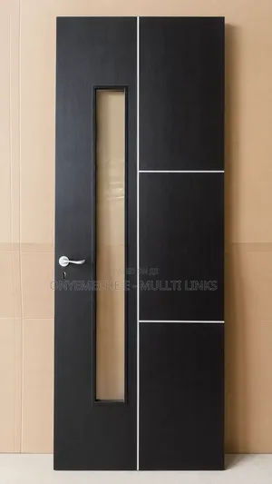 Modern HDF Wooden Door With Vertical Glass Paneling, Sleek Metal Inlay